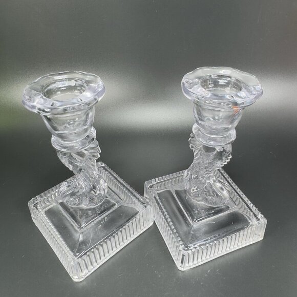 Imperial Glass Clear Dolphin Koi Fish Candlestick Candle Holder Set 2 Votive VTG - Picture 9 of 11